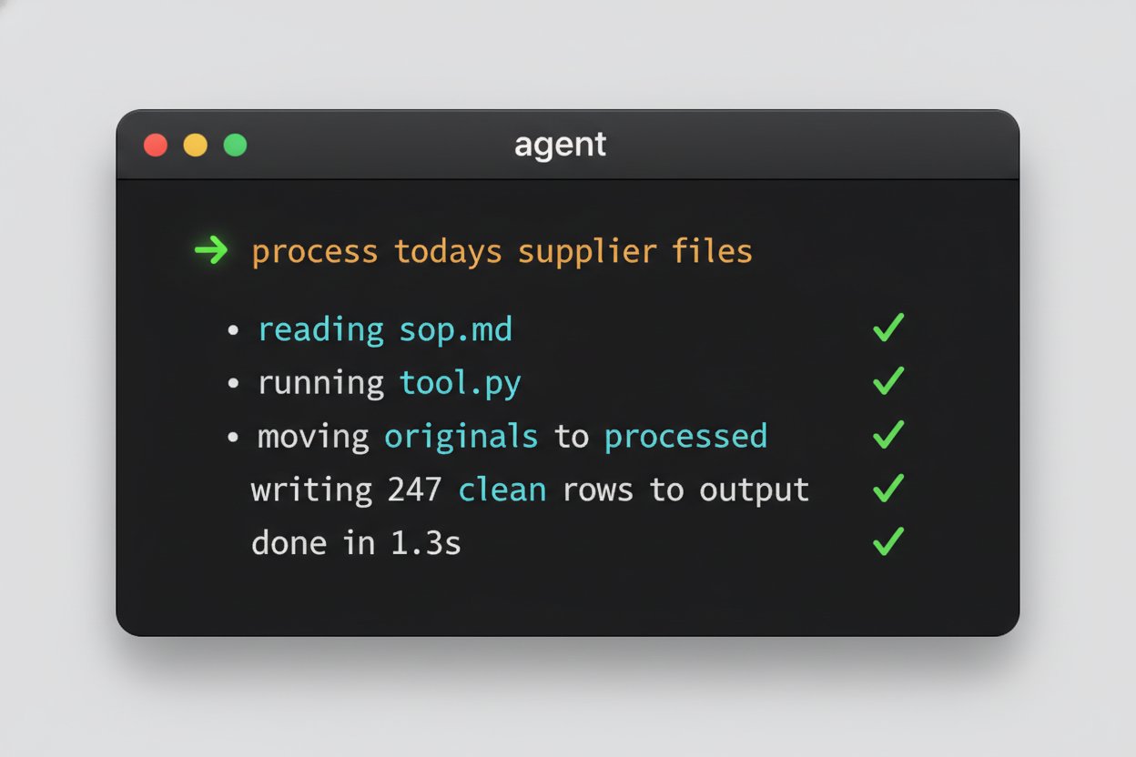 A terminal window showing the agent reading sop.md, running tool.py, moving files to processed and writing 247 clean rows to output