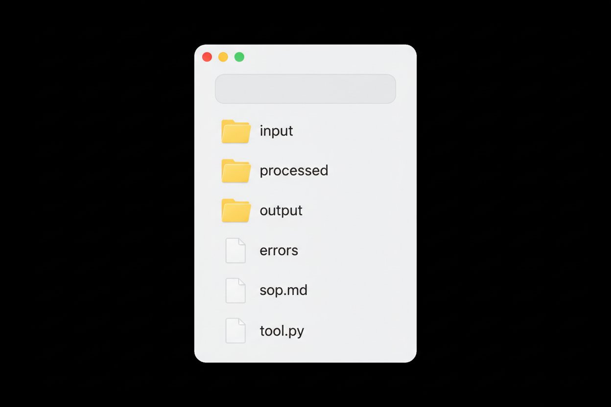 A Finder window showing the canonical input, processed, output and errors folders alongside sop.md and tool.py