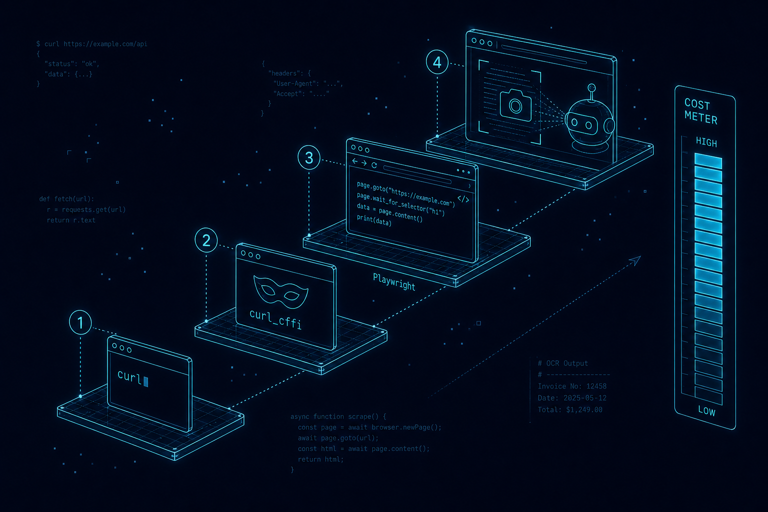 A ladder of bot fetching techniques rising from a cheap one-line curl command up to an expensive full browser taking a screenshot, with a cost meter climbing alongside