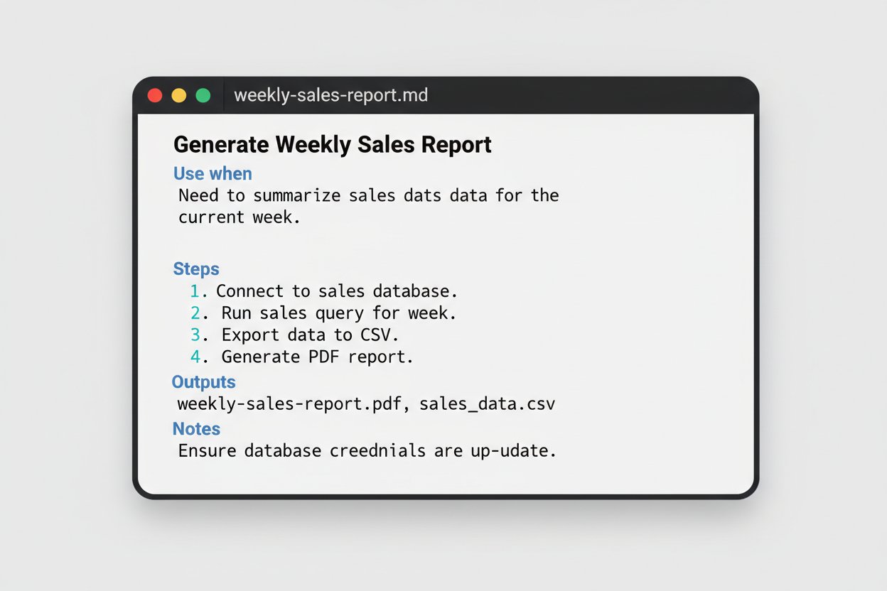 A SKILL.md file open in a code editor, showing the Use when, Steps, Outputs and Notes sections